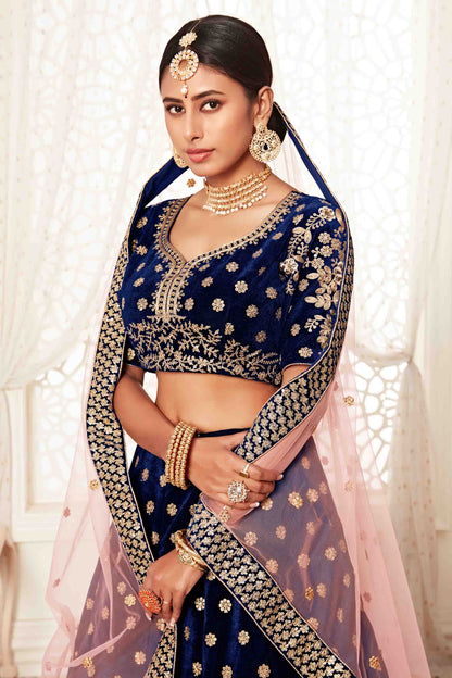 Navy Blue Velvet Designer Lehenga Choli