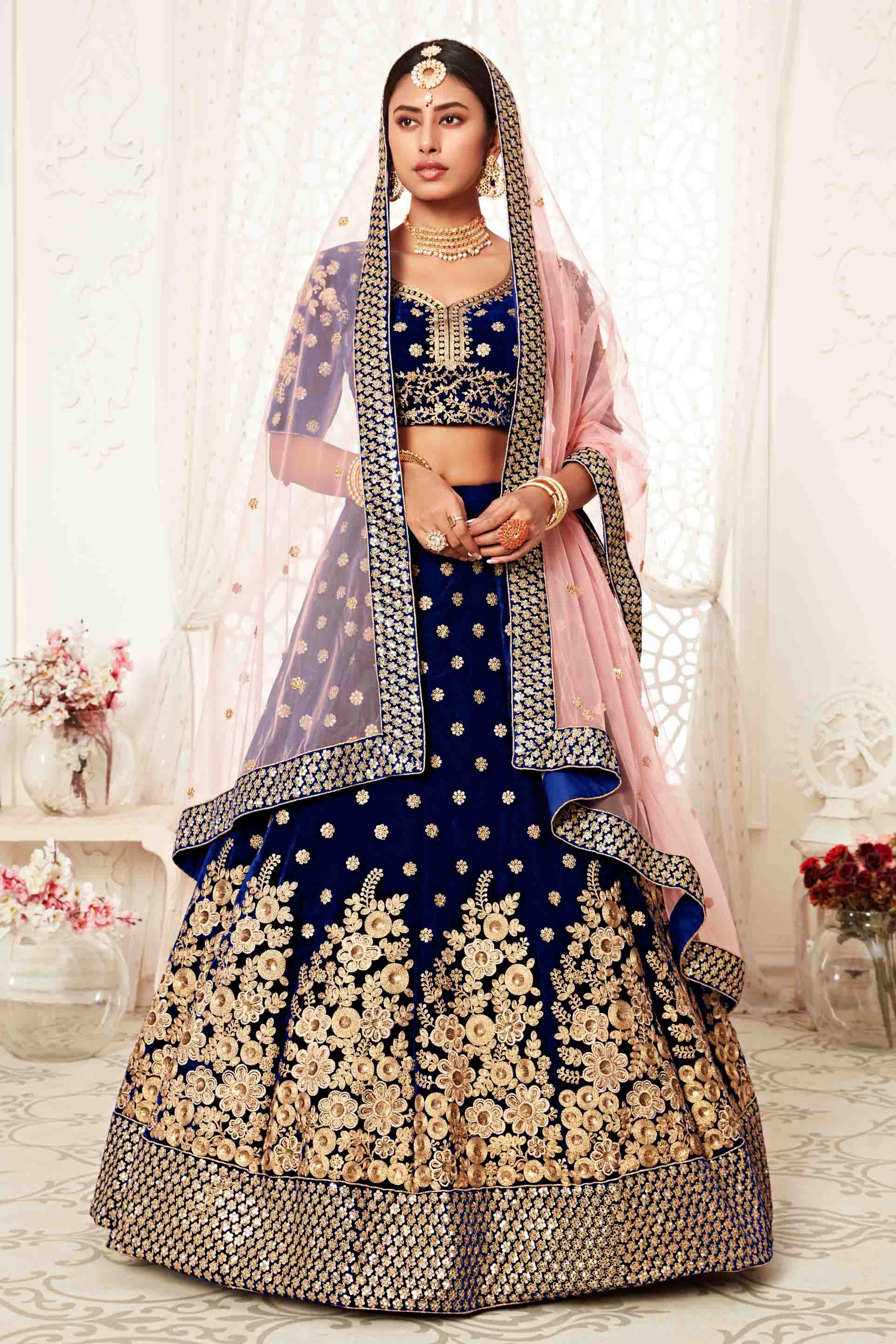 Navy Blue Velvet Designer Lehenga Choli