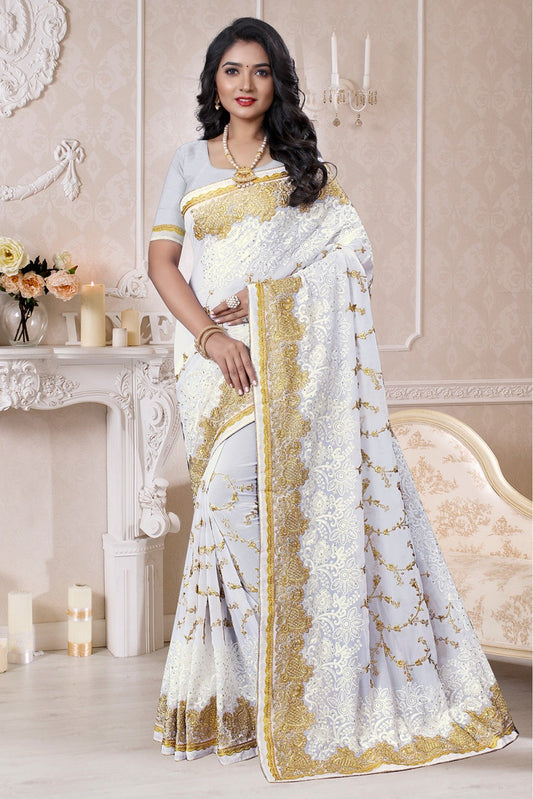 Off White Colour Georgette Designer Saree