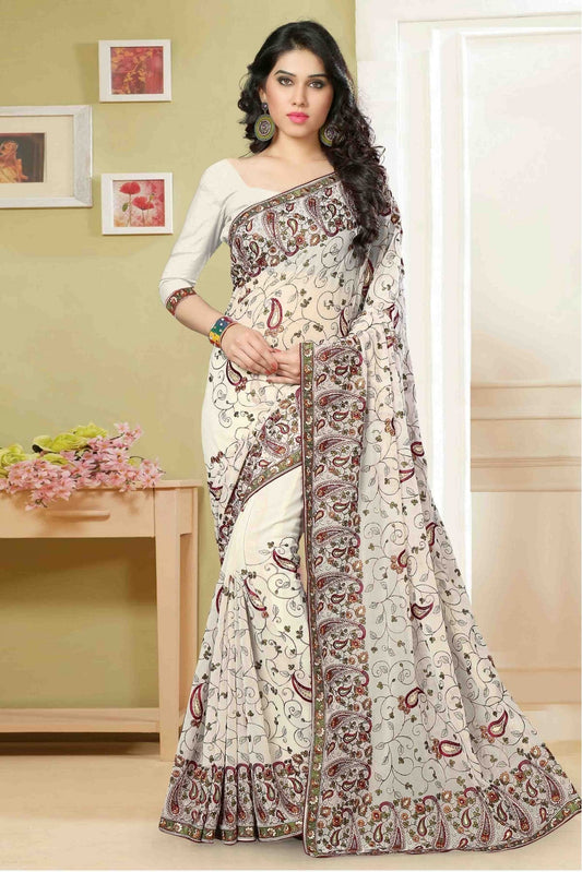 Off White Colour Georgette Embroidery Saree