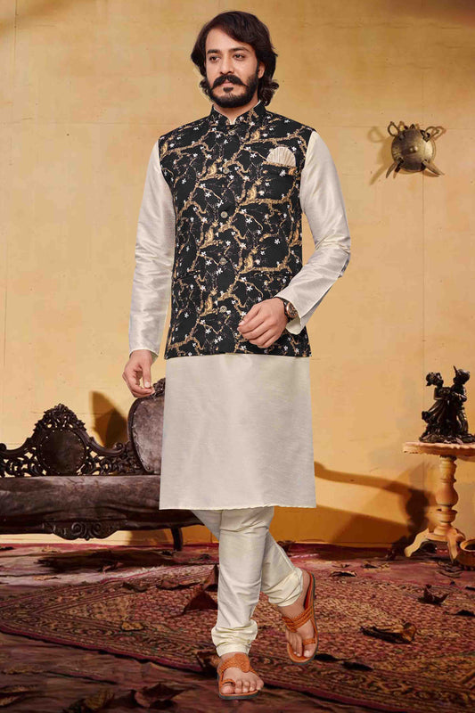 Off White Colour Kurta Pajama With Jacket In Art Silk