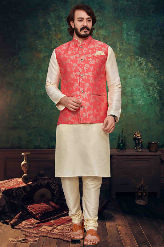 Off White Colour Kurta Pajama With Jacket In Art Silk