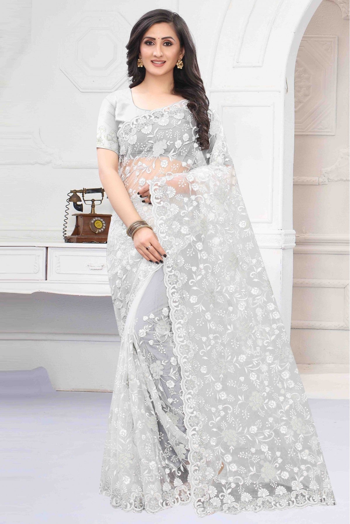 Off White Colour Net Designer Saree