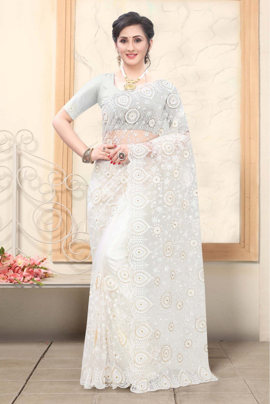 Off White Colour Net Embroidery Saree