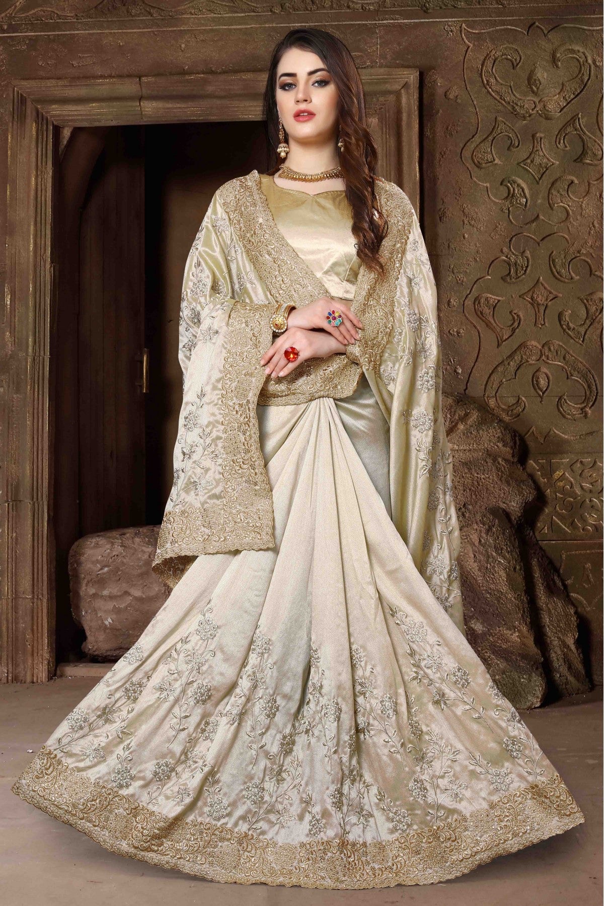 Off White Colour Silk Designer Saree