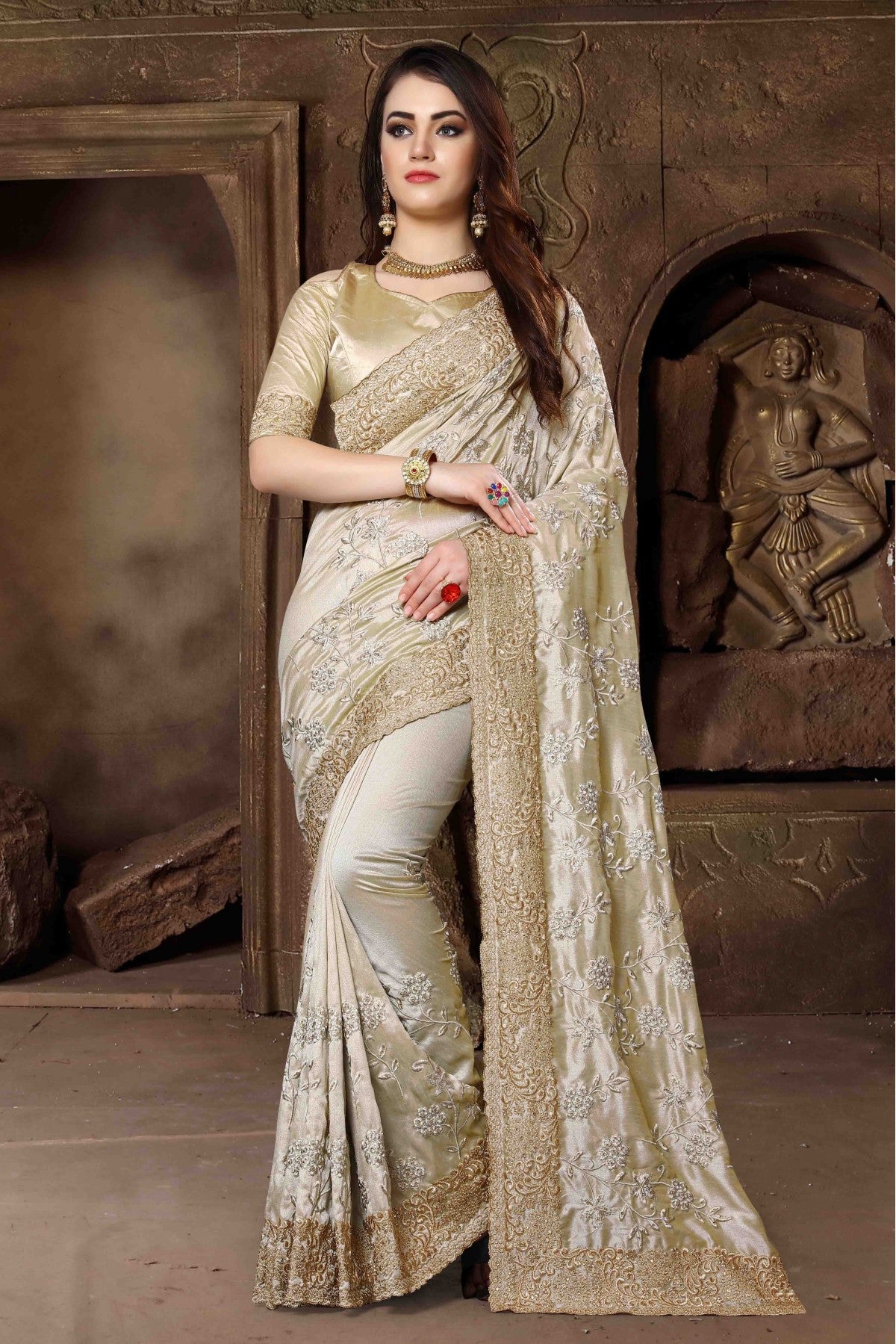 Off White Colour Silk Designer Saree