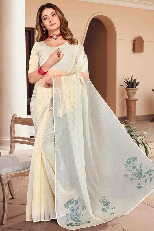 Off White Colour Simmer Chiffon Designer Saree