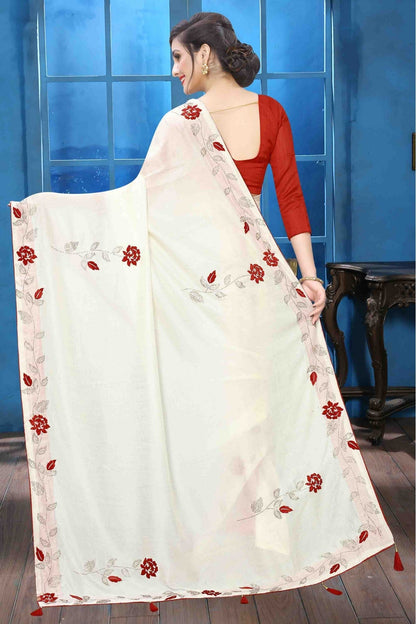 Off White Colour Vichitra Silk Designer Saree