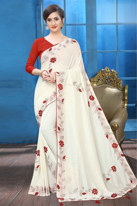 Off White Colour Vichitra Silk Designer Saree