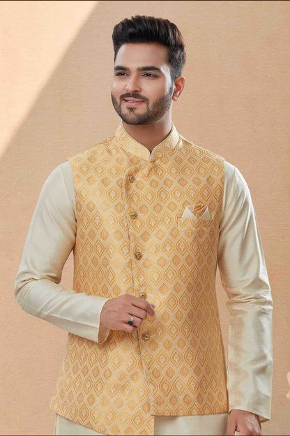 Off White and Cream Colour Kurta Pajama With Jacket In Silk Dupion Fabric