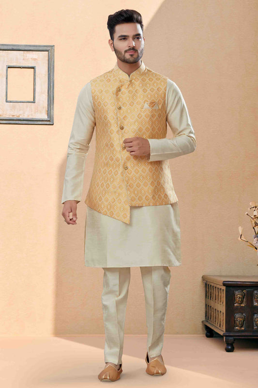 Off White and Cream Colour Kurta Pajama With Jacket In Silk Dupion Fabric