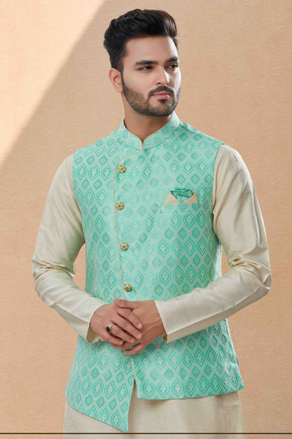 Off White and Green Colour Kurta Pajama With Jacket In Silk Dupion Fabric