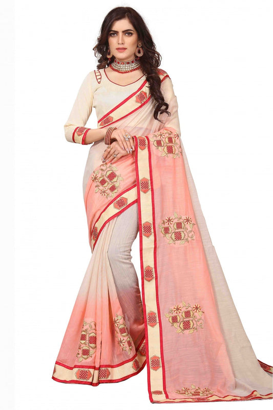 Off White and Peach Colour Art Silk Embroidery Saree