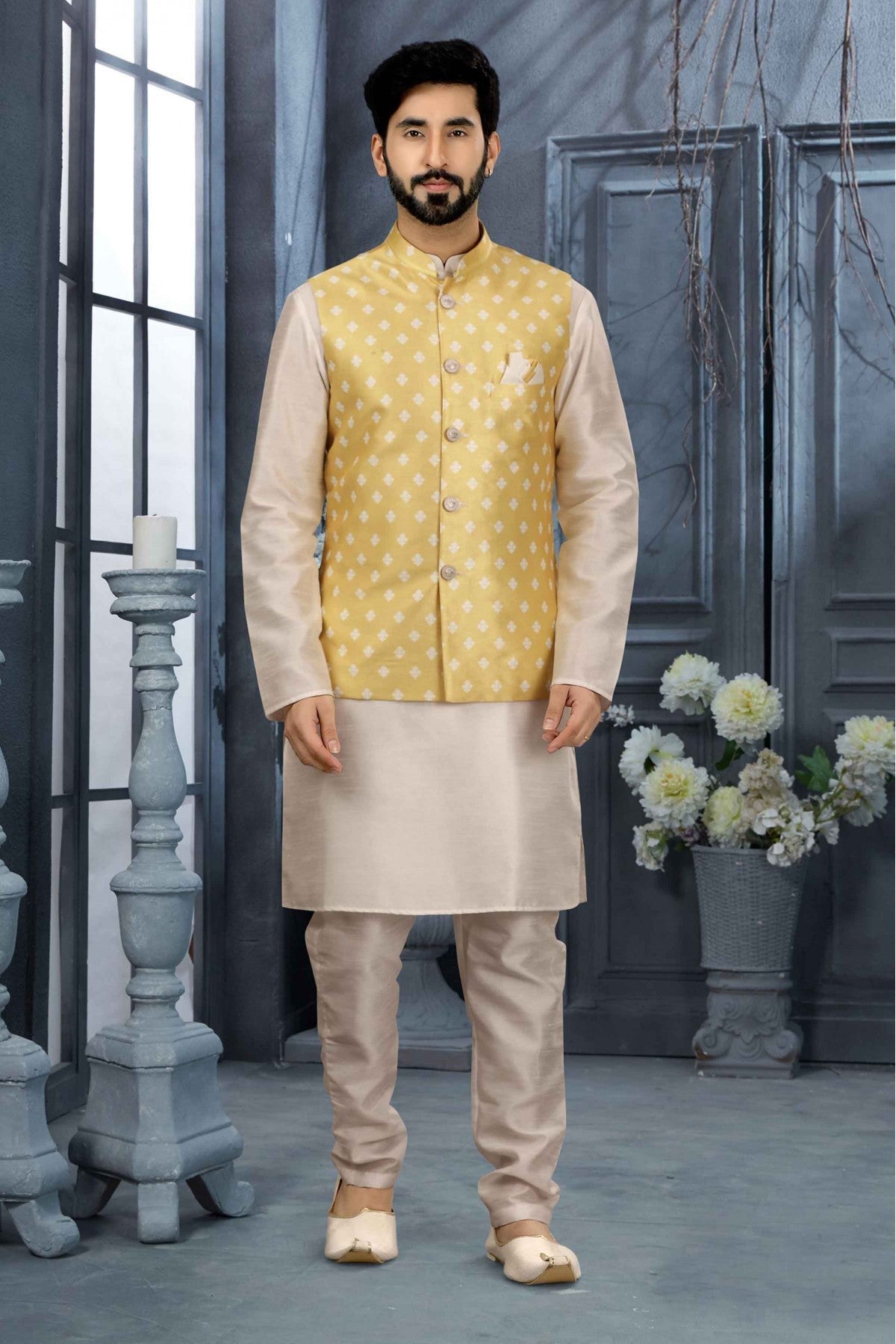 Off White and Yellow Colour Kurta Pajama With Jacket In Silk Dupion Fabric