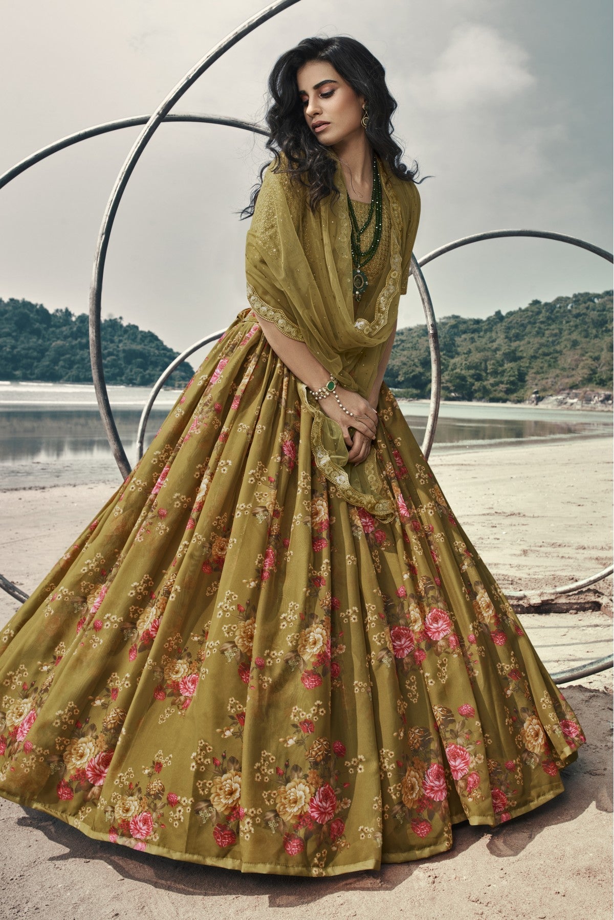 Olive and Green Colour Organza Printed Lehenga Choli