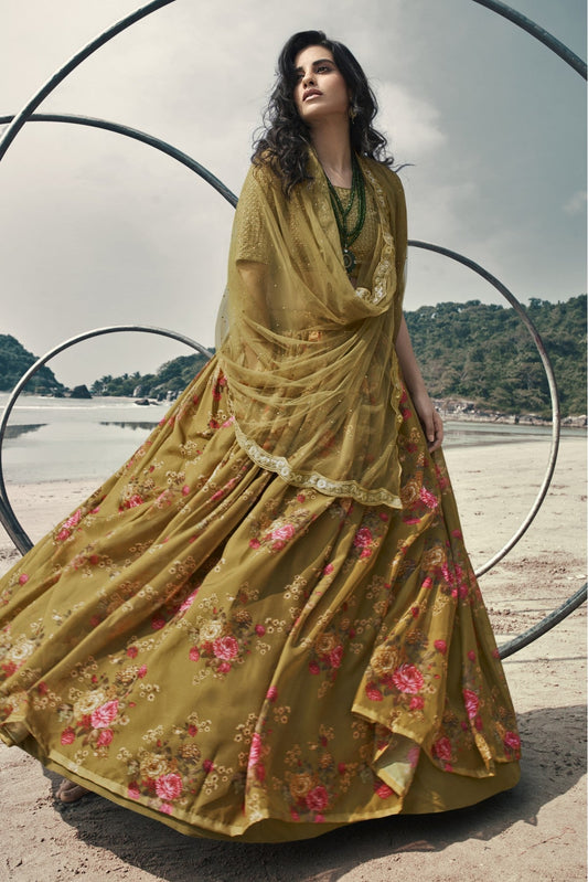 Olive and Green Colour Organza Printed Lehenga Choli