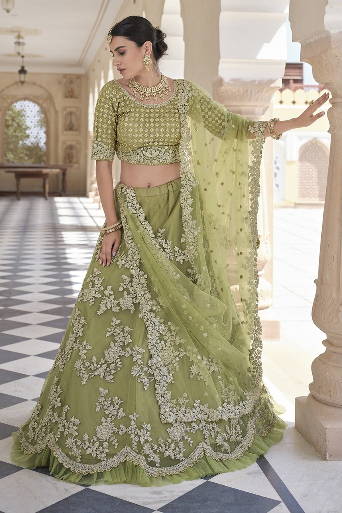 Olive and Green Colour Soft Net Sequins Work Lehenga Choli