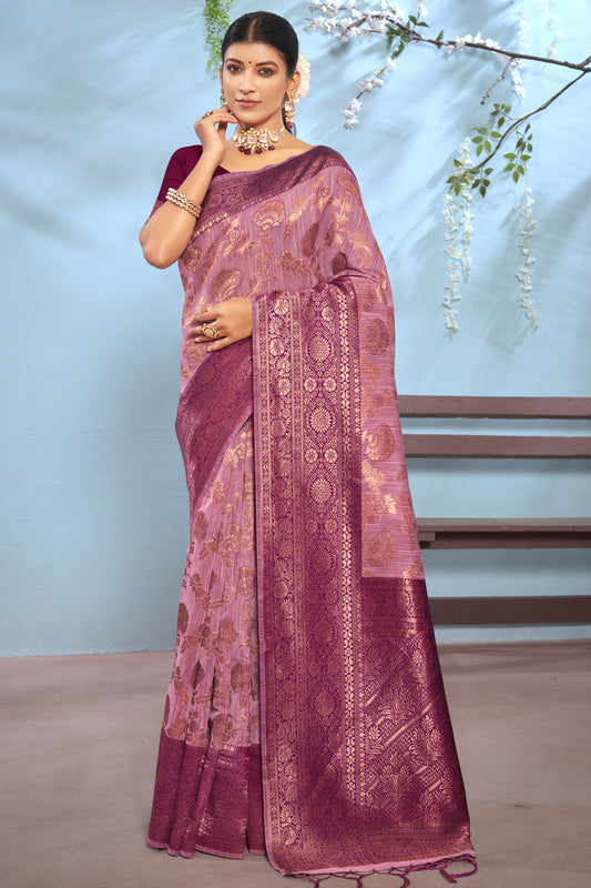 Onion Pink Colour Cotton Traditional Saree In Woven Work