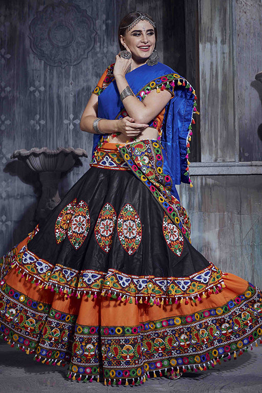 Orange And Black Colour Art Silk Navratri Lehenga Choli