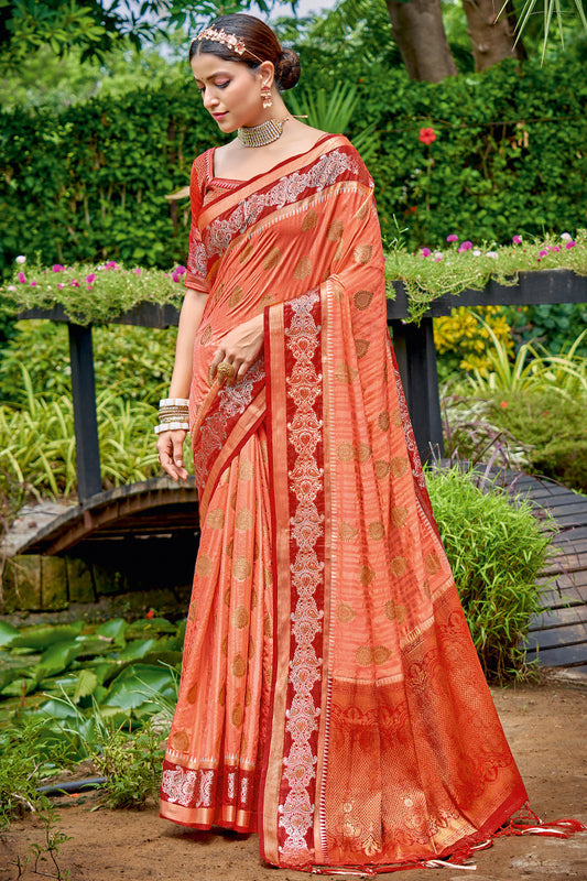 Orange Colour Banarasi Silk Traditional Saree In Woven Work