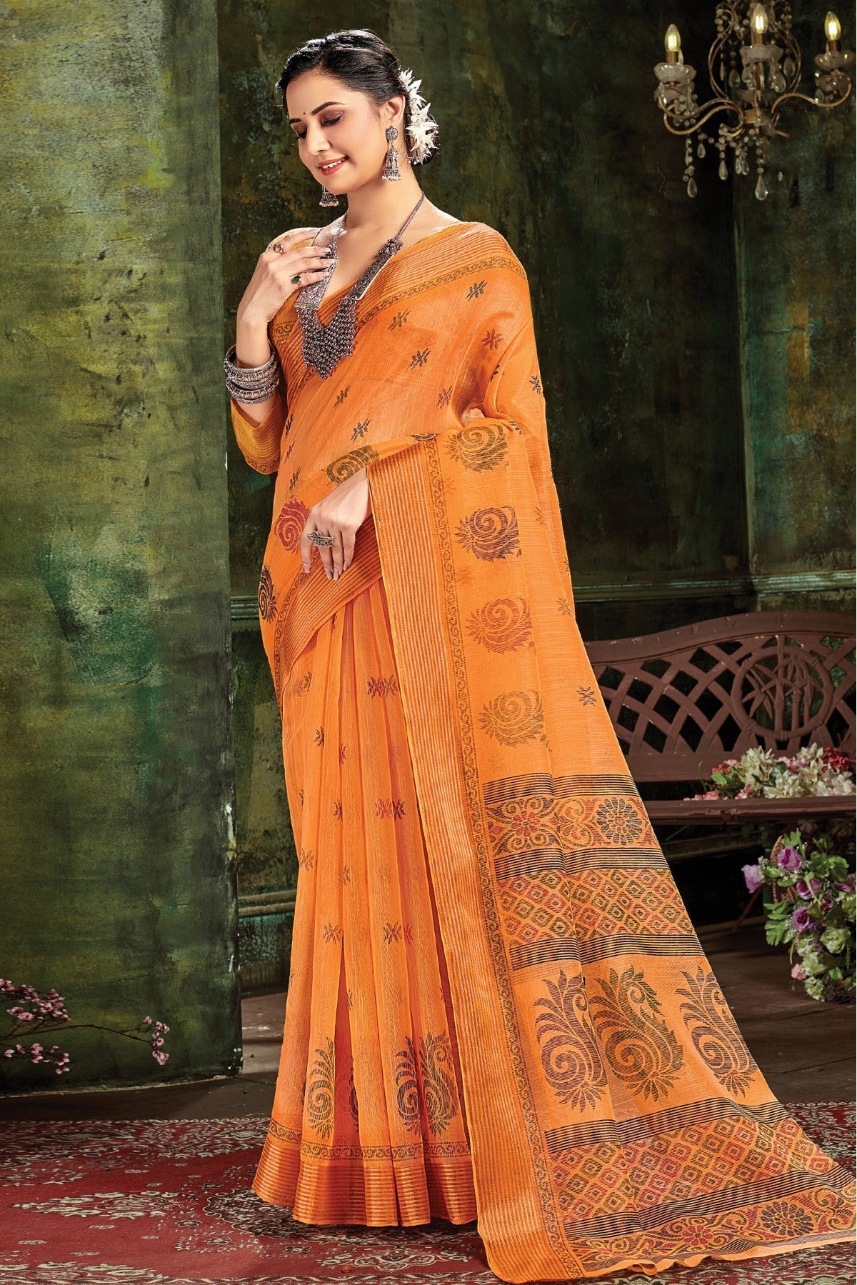 Orange Colour Cotton Woven Saree