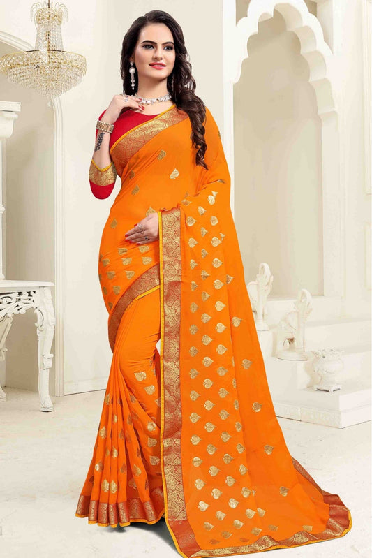 Orange Colour Georgette Embroidery Saree