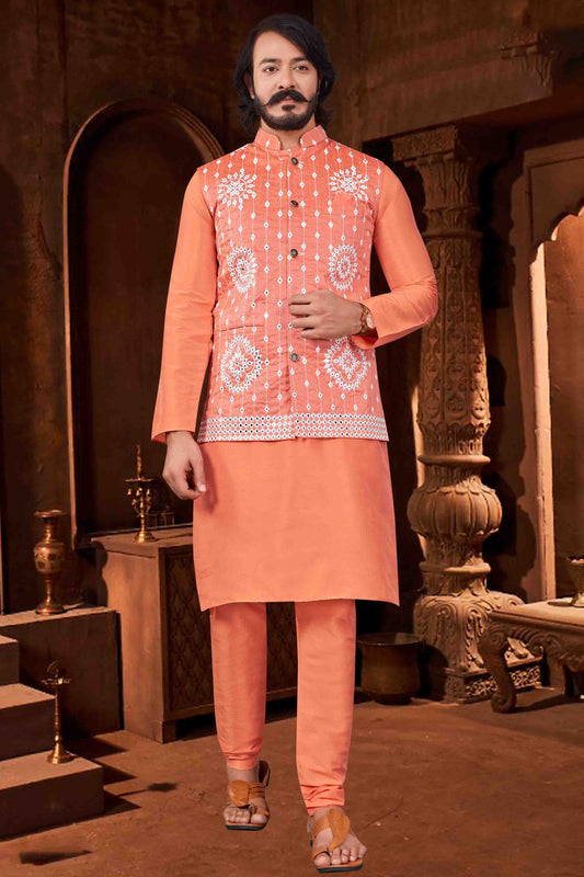 Orange Colour Kurta Pajama With Jacket In Art Silk