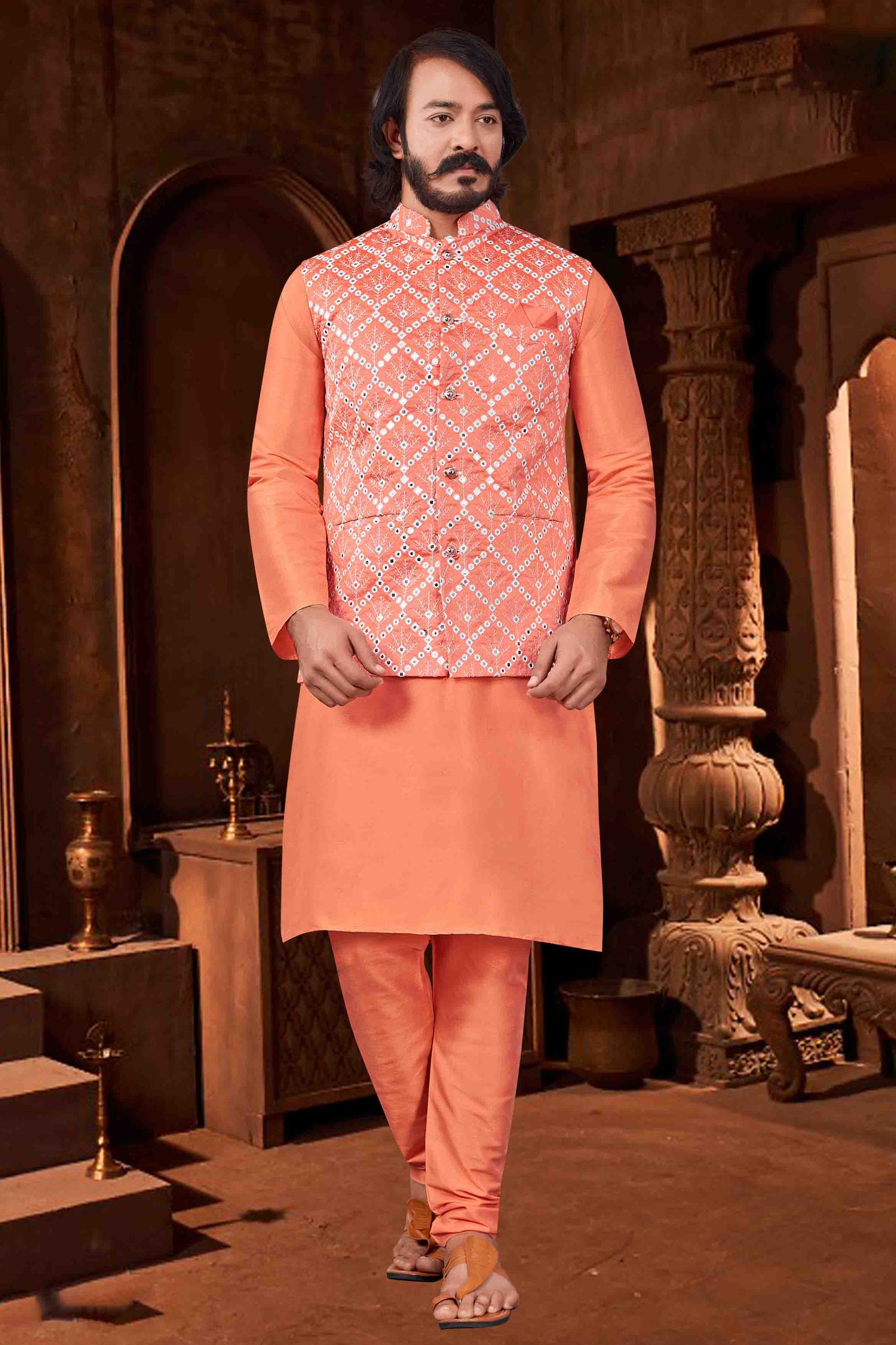 Orange Colour Kurta Pajama With Jacket In Art Silk