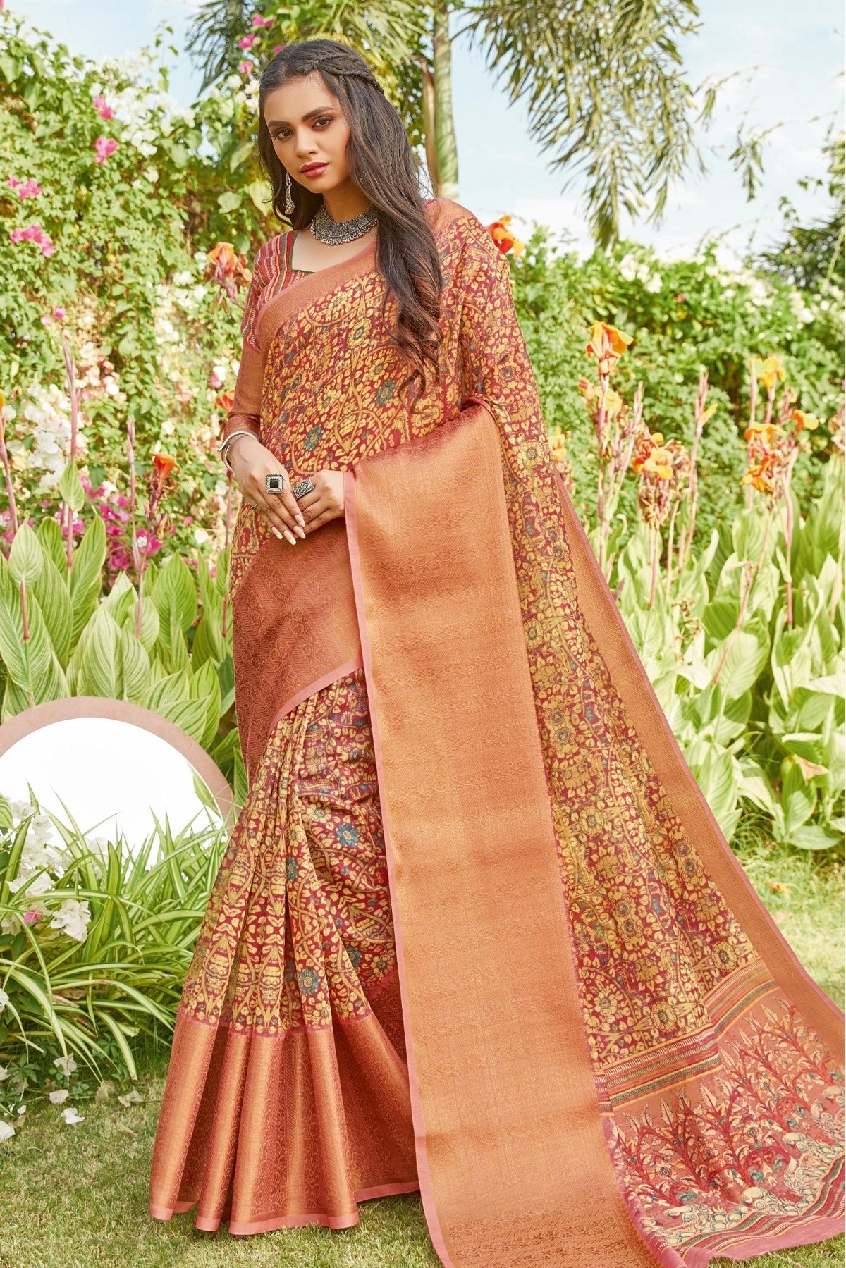 Orange Colour Linen Printed Saree