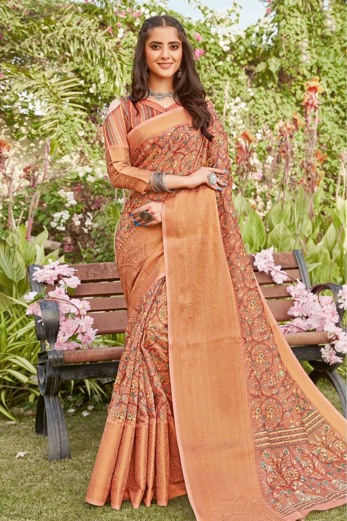 Orange Colour Linen Printed Saree