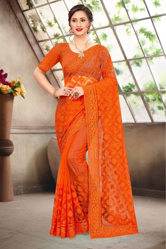 Orange Colour Net Embroidery Saree