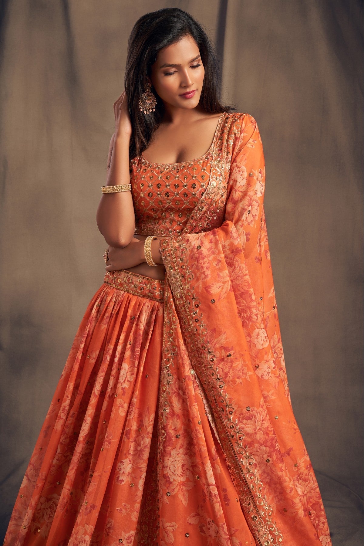 Orange Colour Organza Lehenga Choli