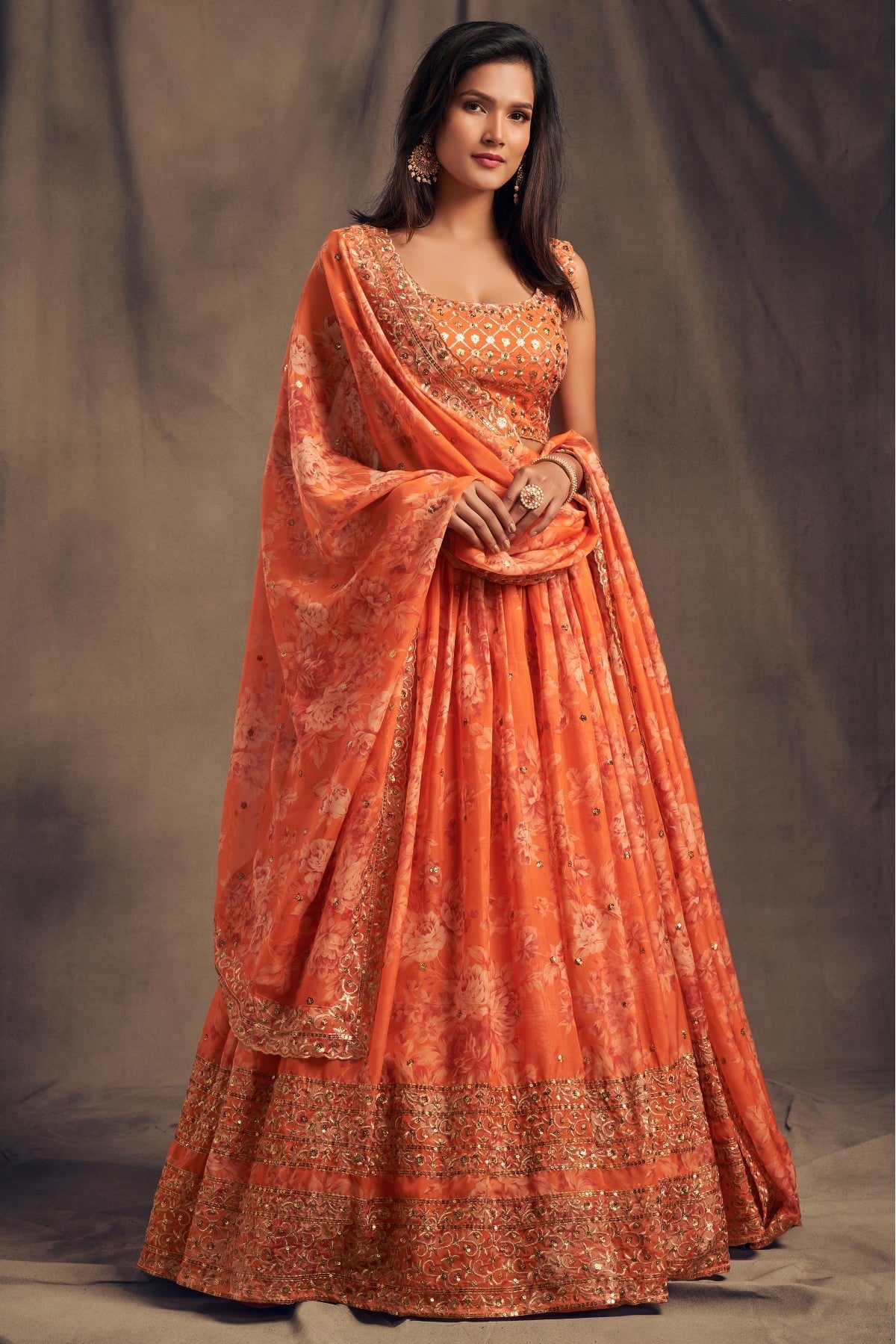 Orange Colour Organza Lehenga Choli