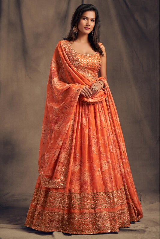 Orange Colour Organza Lehenga Choli