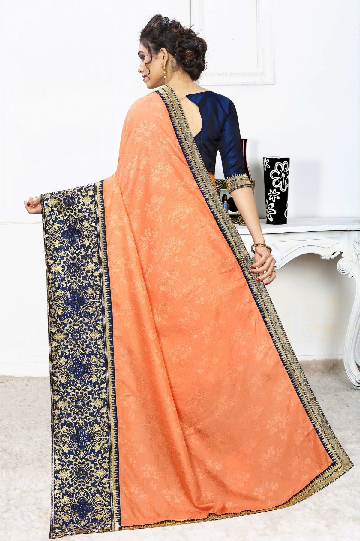 Orange Colour Silk Jacqaurd Embroidery Saree