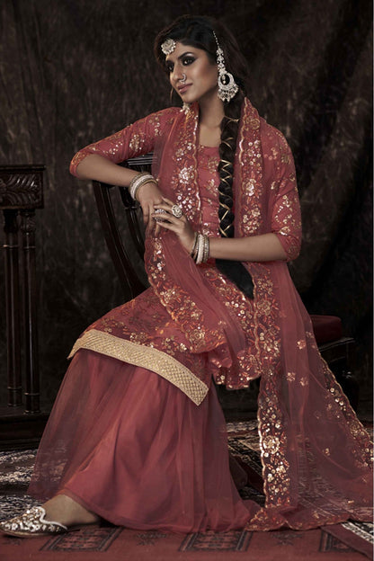 Orange Colour Soft Net Sequins Work Sharara Suit