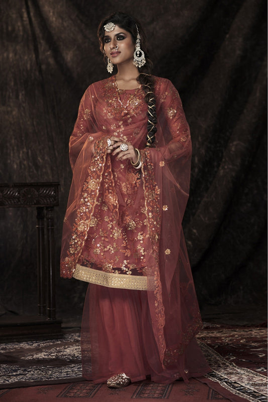 Orange Colour Soft Net Sequins Work Sharara Suit