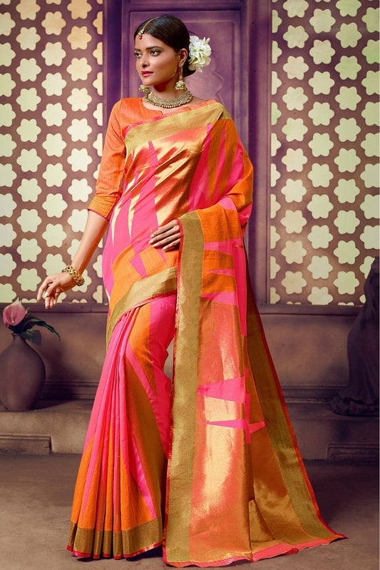 Orange and Pink Colour Handloom Cotton Traditional Saree