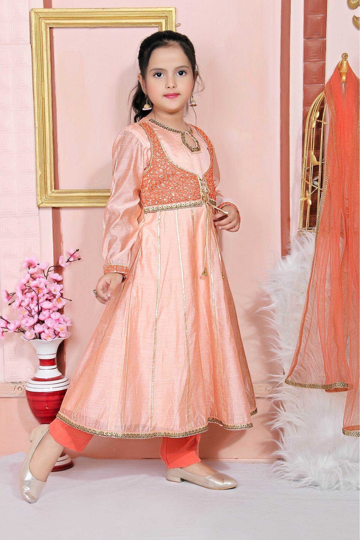 Peach Colour Chanderi Silk Embroidery Anarkali Suit VSGW1070033