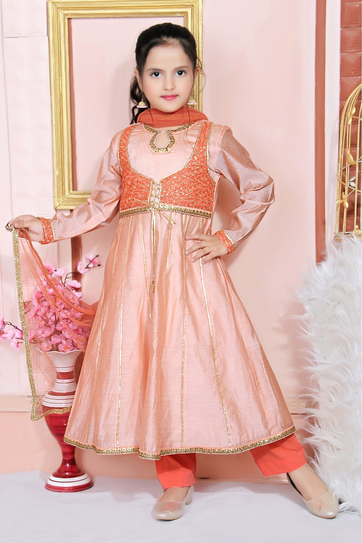 Peach Colour Chanderi Silk Embroidery Anarkali Suit VSGW1070033