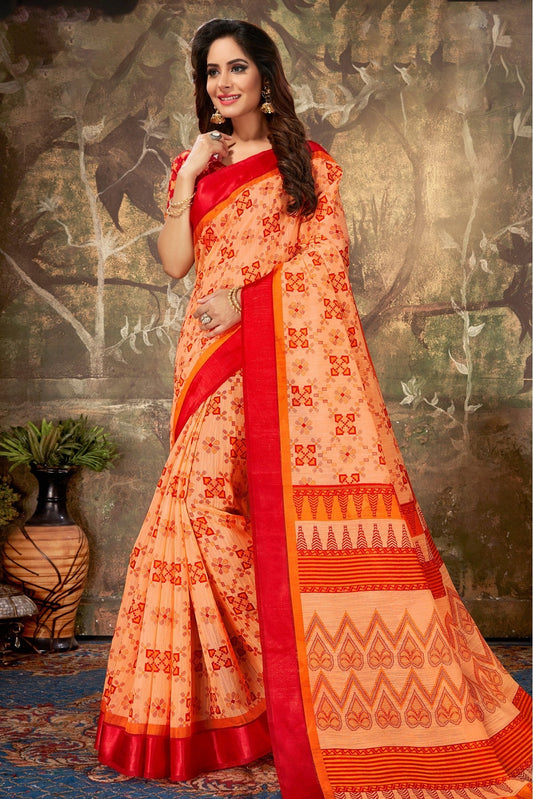 Peach Colour Cotton Printed Saree