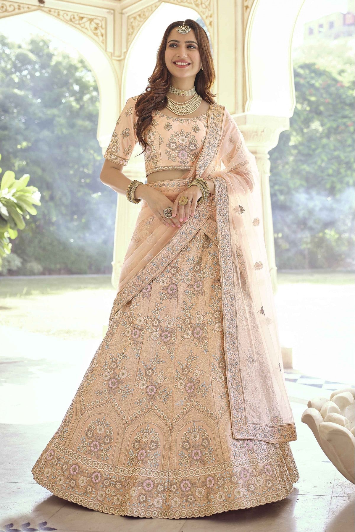 Peach Colour Crepe Sequins Work Lehenga Choli