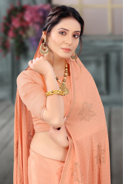 Peach Colour Crepe Swarovski Work Saree