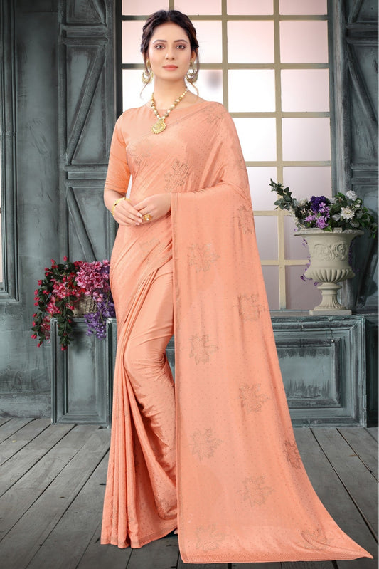 Peach Colour Crepe Swarovski Work Saree