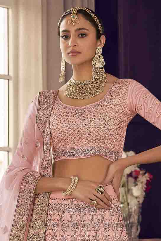 Peach Colour Crepe Thread Work Lehenga Choli