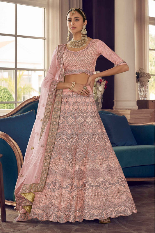 Peach Colour Crepe Thread Work Lehenga Choli