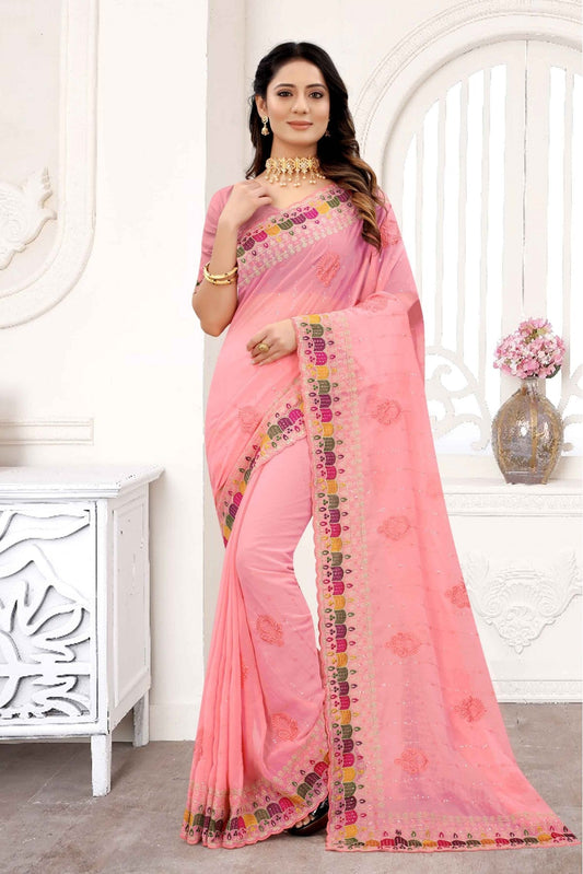 Peach Colour Georgette Embroidery Saree