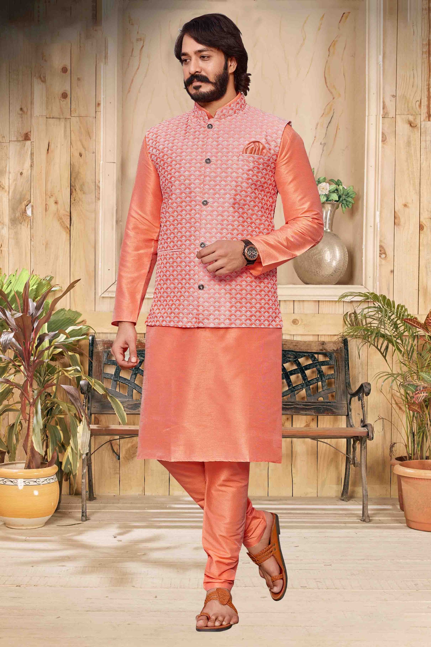 Peach Colour Kurta Pajama With Jacket In Art Silk