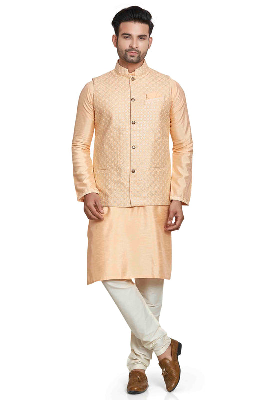 Peach Colour Kurta Pajama With Jacket In Silk