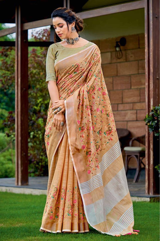 Peach Colour Linen Thread Work Saree